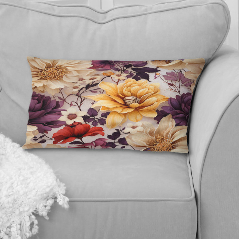 Oreiller floral en polyester mauve et jaune