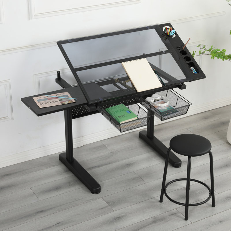 Bureau à dessin à manivelle réglable avec 2 tiroirs en métal