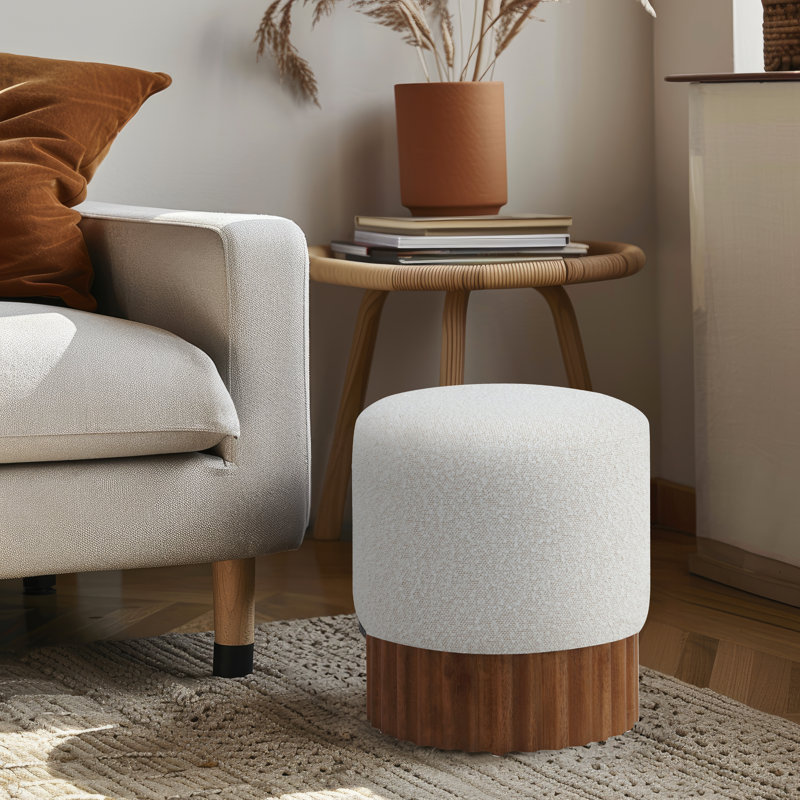 Veranda Upholstered Ottoman, Cream Boucle Fabric, Walnut