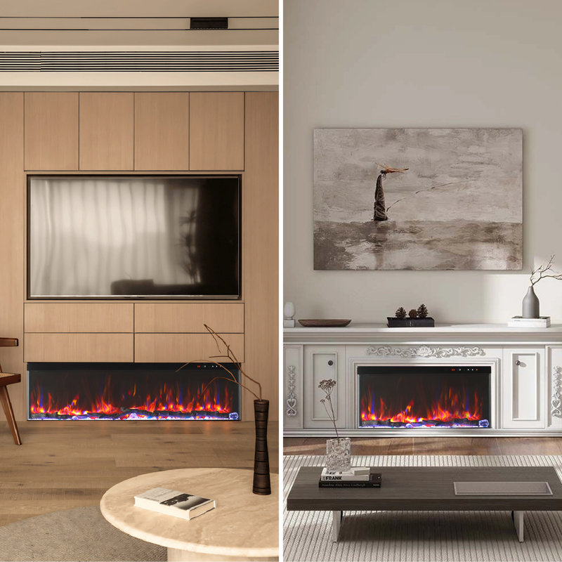 3 Sided Glass Electric Fireplace Multicolors,Inserts And Remote&App Control,Heater And Multicolors Flame Effect Combination,DIY Log&Crystal Combination
