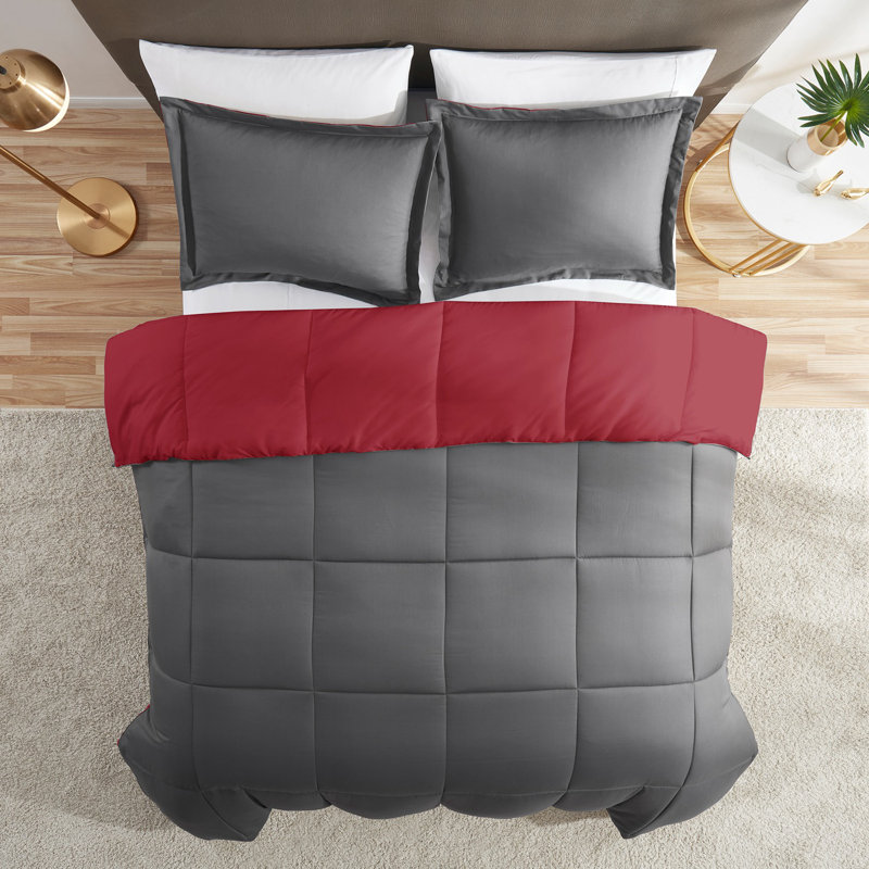 All Season Down Alternative Reversible Comforter Set, King Comforter + 2 King Shams, Gray/Burgundy