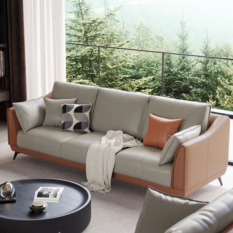 84" Elegant Faux Leather Sofa with Gray Cushions & Brown Frame,Modern Living Room Couch(3-Seat), 3