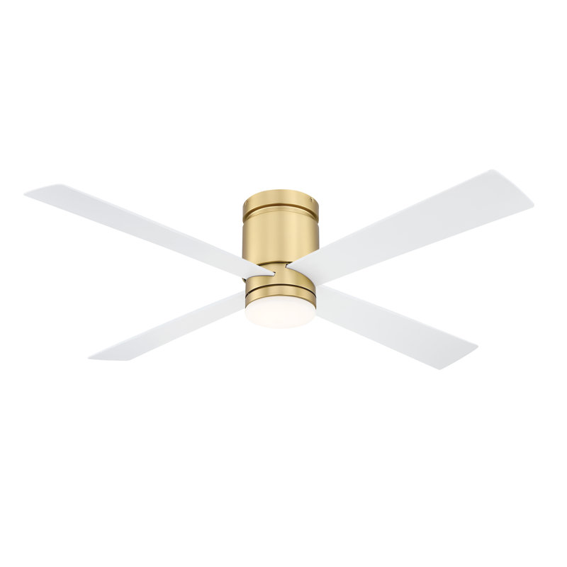 Kwartet 52 inch Indoor/Outdoor Flush Mount Ceiling Fan with LED CCT Select Light Kit and Remote Control - Brushed Satin Brass with Matte White blades