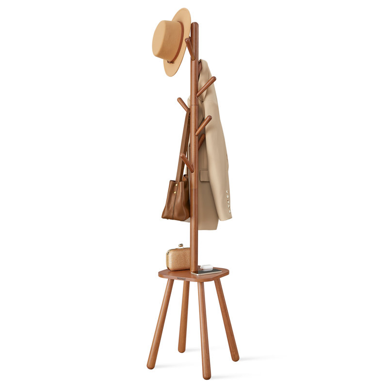 Coat Rack with 8 Hooks and Storage Shelf, Caramel Brown