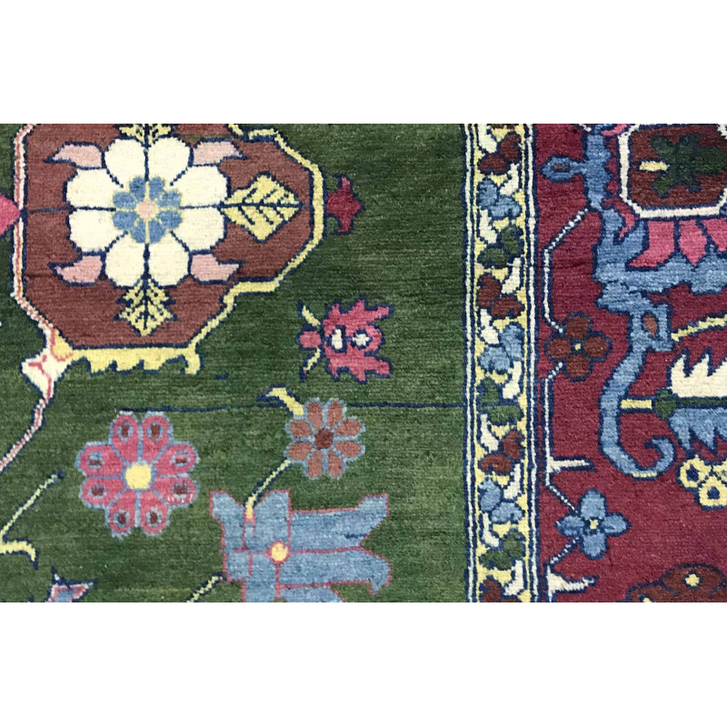 Hand-Knotted High-Quality Green and Wine Area Rug