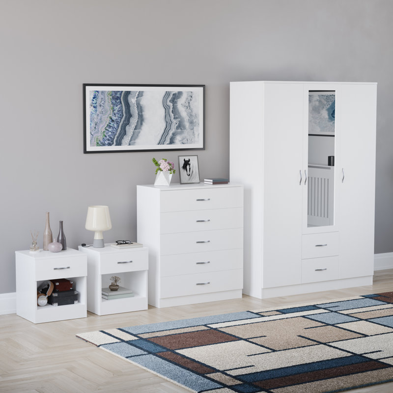 Tayce 4 Piece Bedroom Set (1 Drawer Bedside Chest X2, 5 Drawer Chest, 3 Door 2 Drawer Mirrored Wardrobe), White