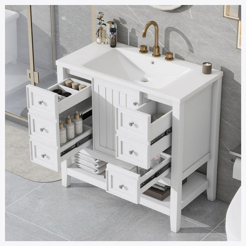 Ensemble de meuble-lavabo 36 po avec lavabo, une armoire et trois tiroirs, Blanc / Blanc