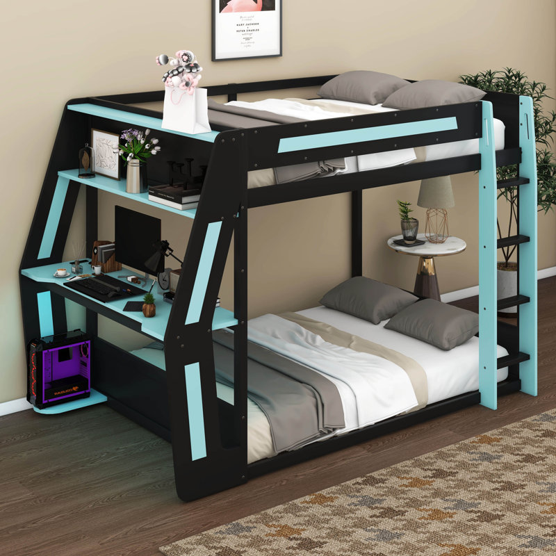 Lit superposé double avec bureau RVB surdimensionné monté sur le côté, lit superposé en bois avec ports de charge, cadre de jeu pour les adolescents