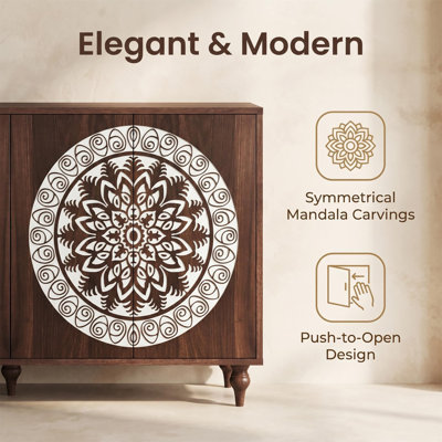 Buffet vintage de 60 po en chêne sculpté à motif mandala