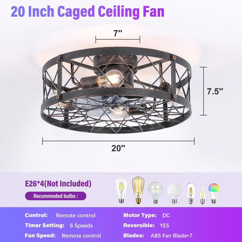 Ventilateur de plafond encastré en cage 20 po avec lumière, télécommande et contrôle d'application Bluetooth, 20 po