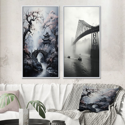 «Gray Japon Bridge In Fog», 2 pièces sur toile