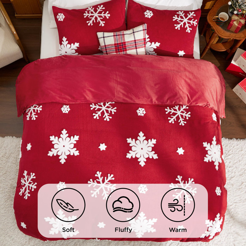 Bedsure Fluffy Duvet Cover Set, Queen Duvet Cover, Red Snowflake