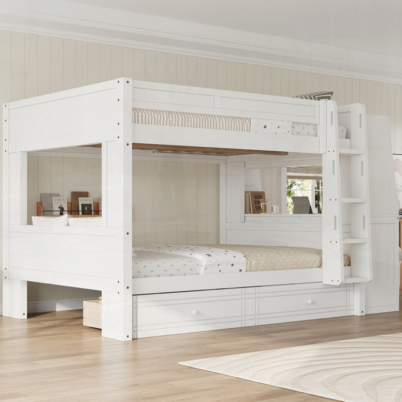 Lit superposé multifonctionnel avec bureau et bibliothèque, tiroirs, Blanc