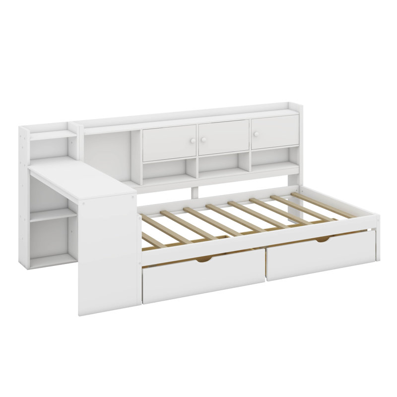Lit de jour multifonctionnel en L en bois avec confort et rangement, Simple, Blanc