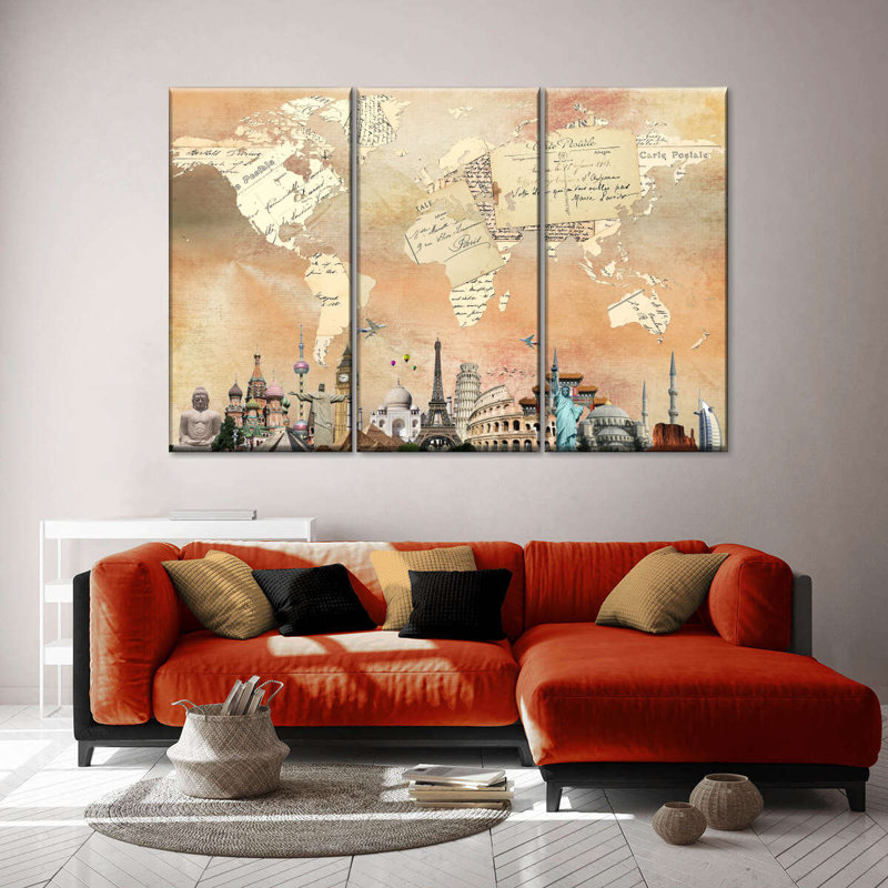 " Postcard World Map " 3 - Pieces, 48" H x 74" W x 1.25" D