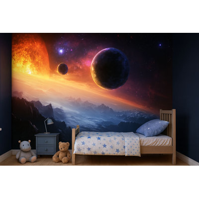 Murale coucher de soleil planètes - Papier peint Galaxy pour chambre à coucher et salon Vn874 (Peel-N-Stick) VN874