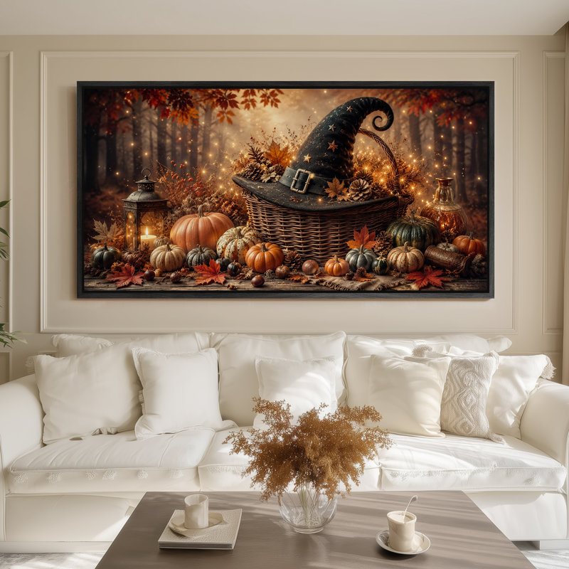 Grande toile encadrée - Décoration automnale citrouille et chapeau de sorcière pour l'Halloween - 152 x 76 cm, Noir