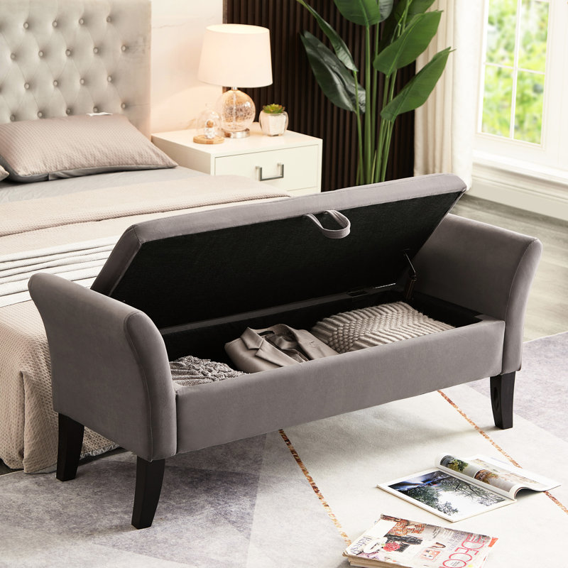 51.5" Bed Bench With Grey Velvet Upholstery And Spacious Storage - Elegant Design, Solid Wood Legs Enhances Bedroom Decor Stylish Addition