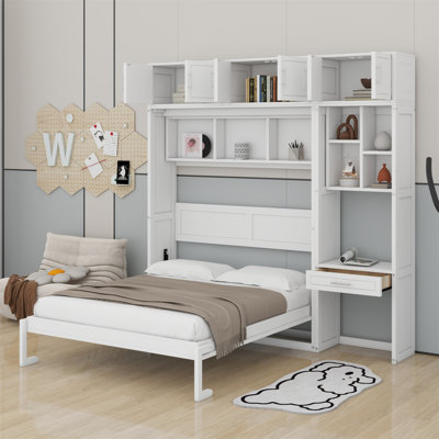 Lit escamotable mural avec bureau, armoire supérieure et tablettes de rangement, lit pliable peu encombrant