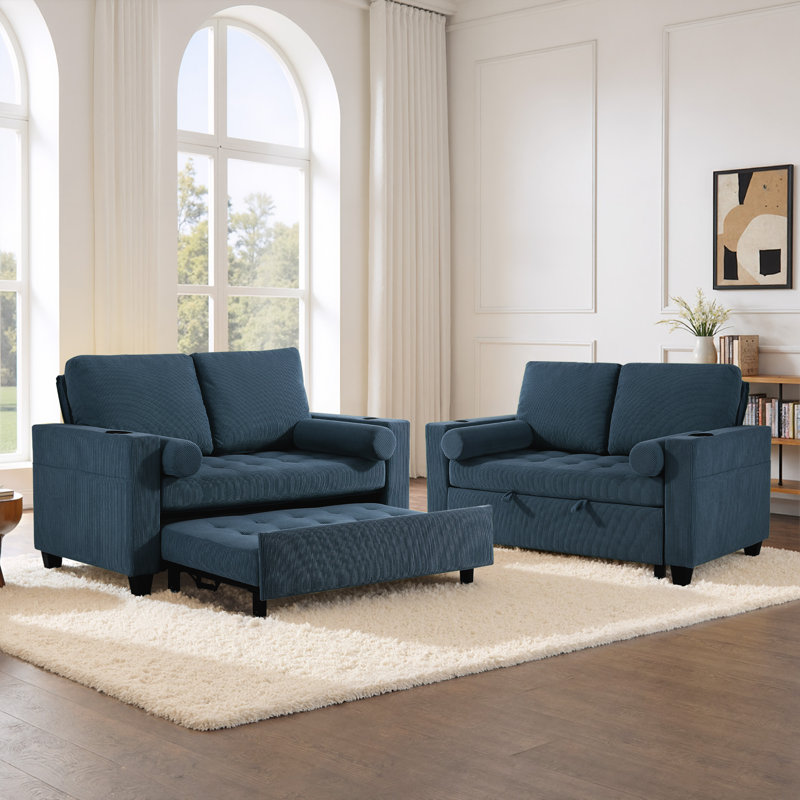 Upholstered Tufted Convertible Pull-Out Sleeper Sofa Bed - Adjustable Backrest With 2 Soft Pillows, Navy