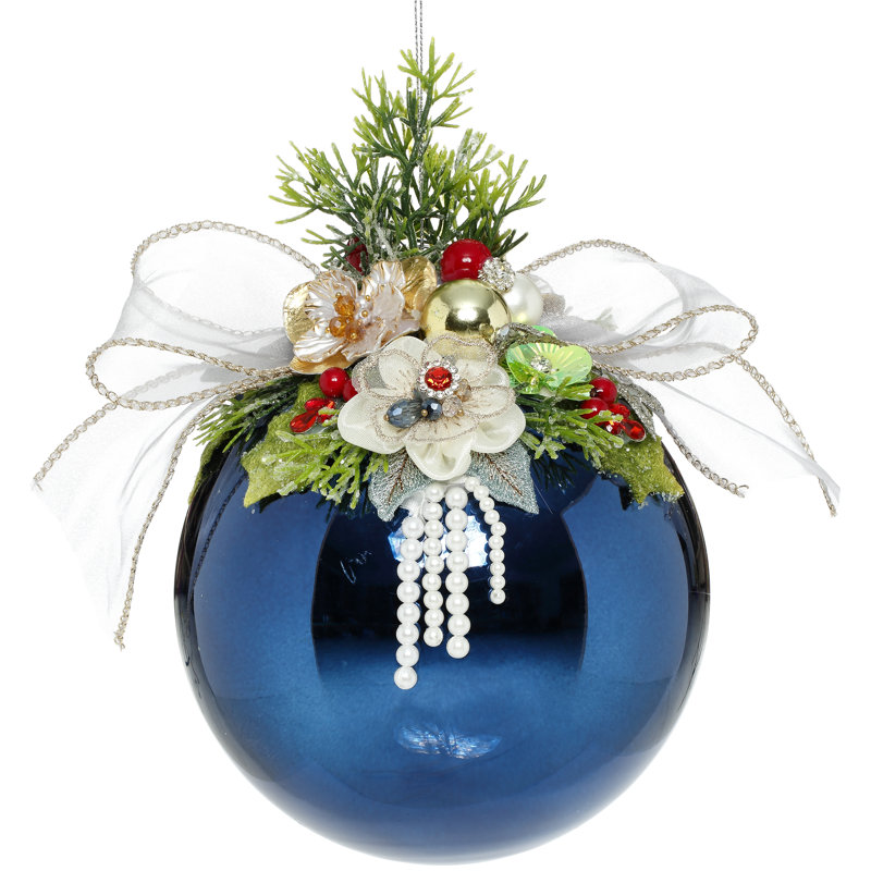 Ornement floral floral, brillant, bleu foncé - 7,5 pouces