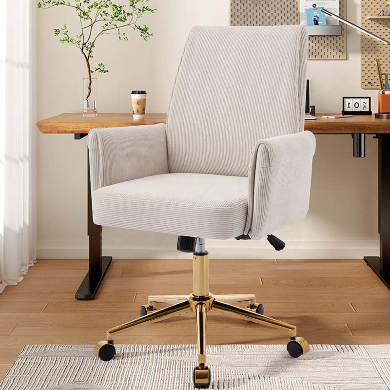 Chaise de bureau rembourrée avec base en métal doré, chaise de bureau pivotante réglable, Blanc