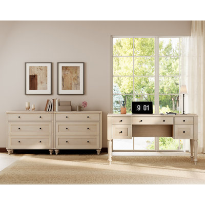 Ensemble de bureau et de commode en bois de style campagnard, commodes à 6 tiroirs, organisateur de rangement de garde-robe moderne en bois de style Mid-Century, bureau pour le bureau personnel, salon et chambre à coucher, beige
