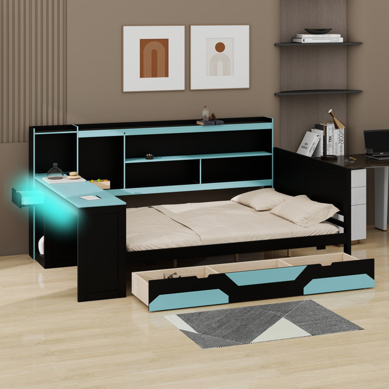 Multi-Functional Gaming Daybed with Desk,  3 Storage Drawers, Built-in Charging Station and Headboard, Black+Blue
