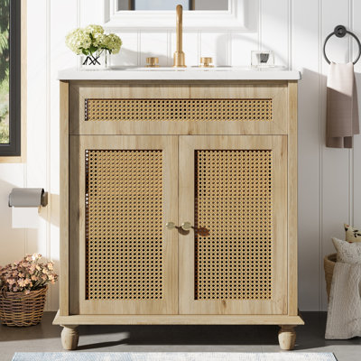30" Bathroom Vanity with Handwoven Rattan Doors and Resin Basin