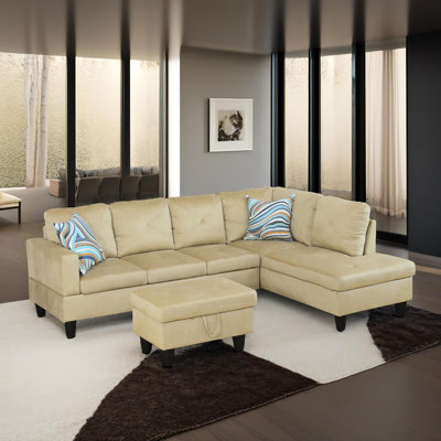 Ensemble de canapé modulaire en flanelle beige 103 po avec méridienne et repose-pieds de rangement 3 pièces 103 po Verona