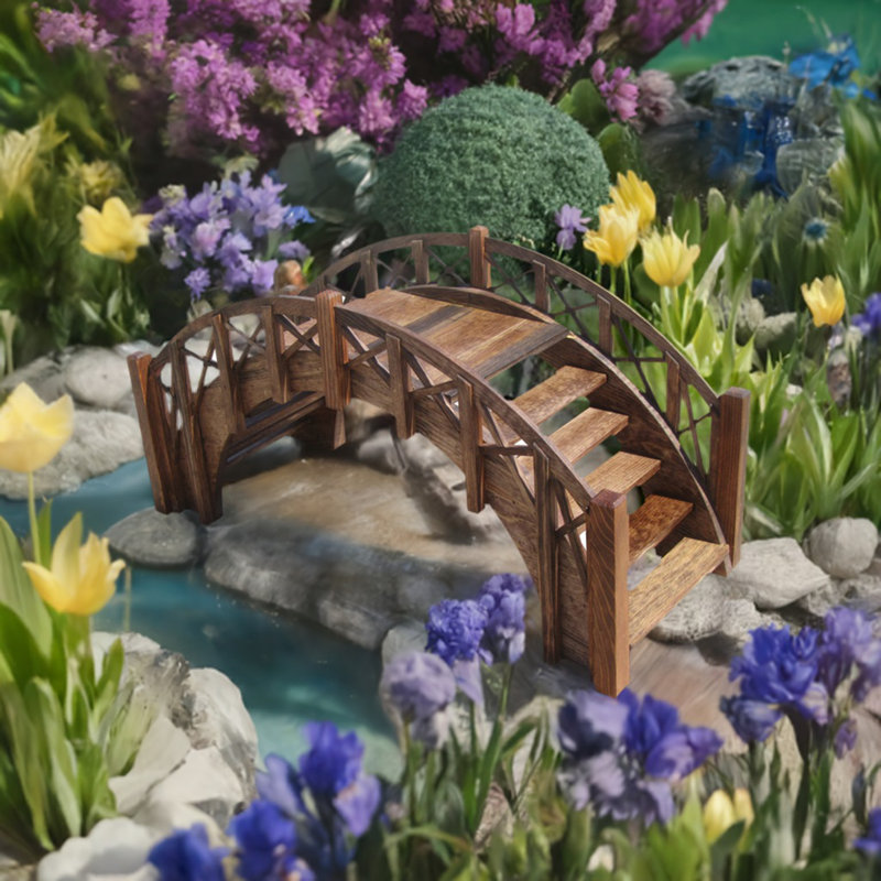Brown Treated Wood Garden Stair Bridge with Lattice Railings