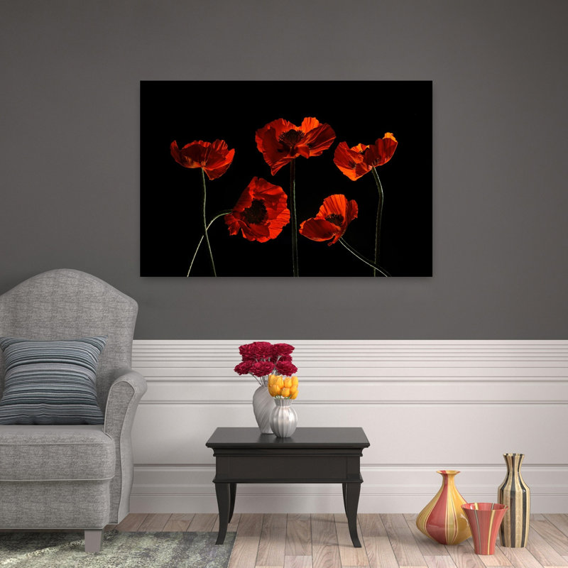 Art contemporain coquelicot, H 32 po x l 48 po