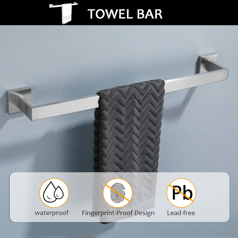 Bathroom Towel Bar Set 5-Piece Stainless Steel Wall Mounted Hardware Kit Modern Square Design For Bathroom And Kitchen
