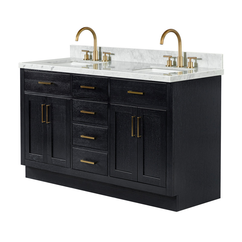 Meuble-lavabo double en bois massif Tidworth avec plateau en marbre de Carrare de 1,5 po, Forme rectangulaire