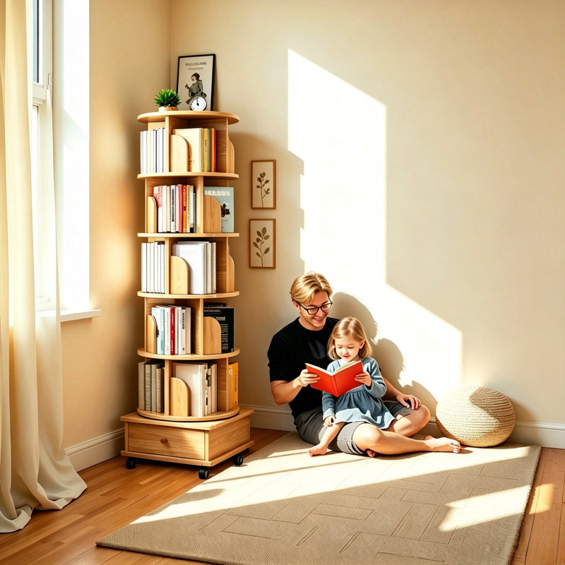 6 Tier Rotating Bookshelf, 360° Display Round Spinning Bookshelf With Wheels And Drawer, Space-Saving, Small Space Rotating Bookshelf Tower For Bedroom, Living Room, Home, Office, Wood Color