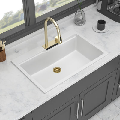 33"X22" Kitchen Sink - White Quartz Composite With Waterfall Design & Pull-Out Faucet For Workstation And Mixed Accessory Groups 33X22" Style, Assorted Packages