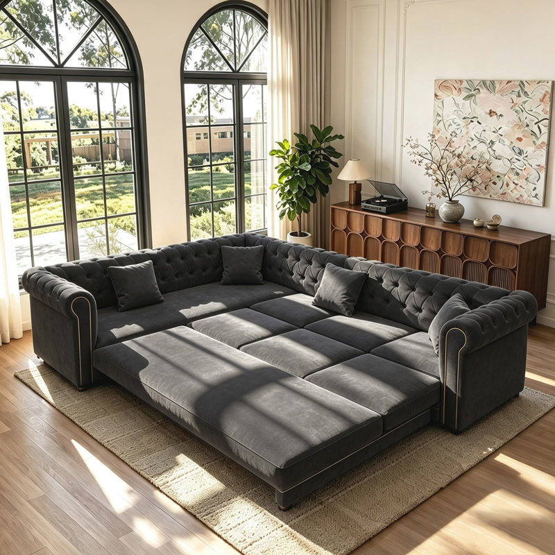 Canapé d'angle en velours de luxe avec lit escamotable, canapé-lit convertible 3 en 1 avec boutons capitonnés, Grey