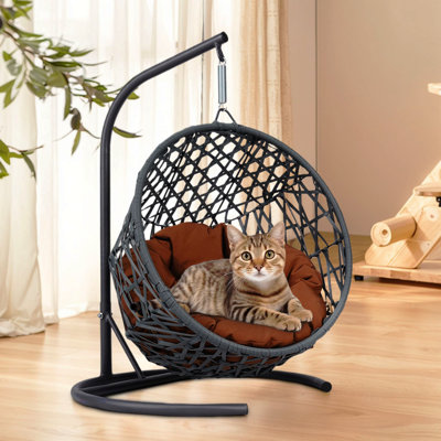 Lit à balançoire pour chat avec support et coussin, chaise à œuf pour chat avec aspect osier en rotin, lit à balançoire suspendu pour chats, petits chiens et petits animaux, brun