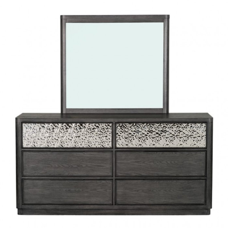 Commode large Zoko avec 5 tiroirs, détails en métal texturé, gris cendré