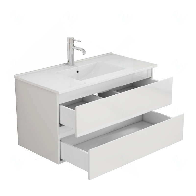 Ensemble de meuble-lavabo blanc brillant 36 po avec poignées 36 po, 2 grands tiroirs à fermeture en douceur