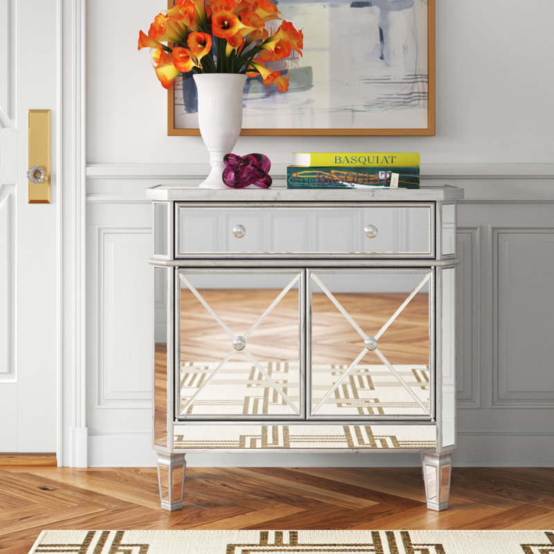 Acantha 32" H x 32" W 2-Door Mirrored Accent Cabinet, Silver