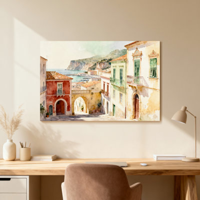 Scenic &Cityscapes Mediterranean Coastal Village Scene Watercolor Art