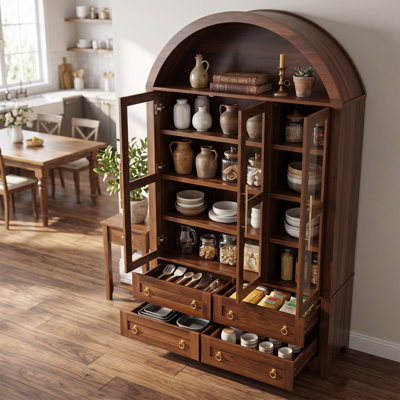Armoire de rangement haute et cintrée avec trois portes vitrées et quatre grands tiroirs