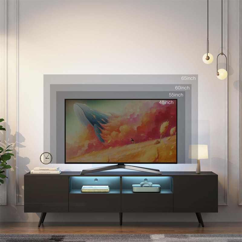 Meuble télé polyvalent avec fonctions réglables, lumières télécommandées et rangement pratique pour plusieurs espaces