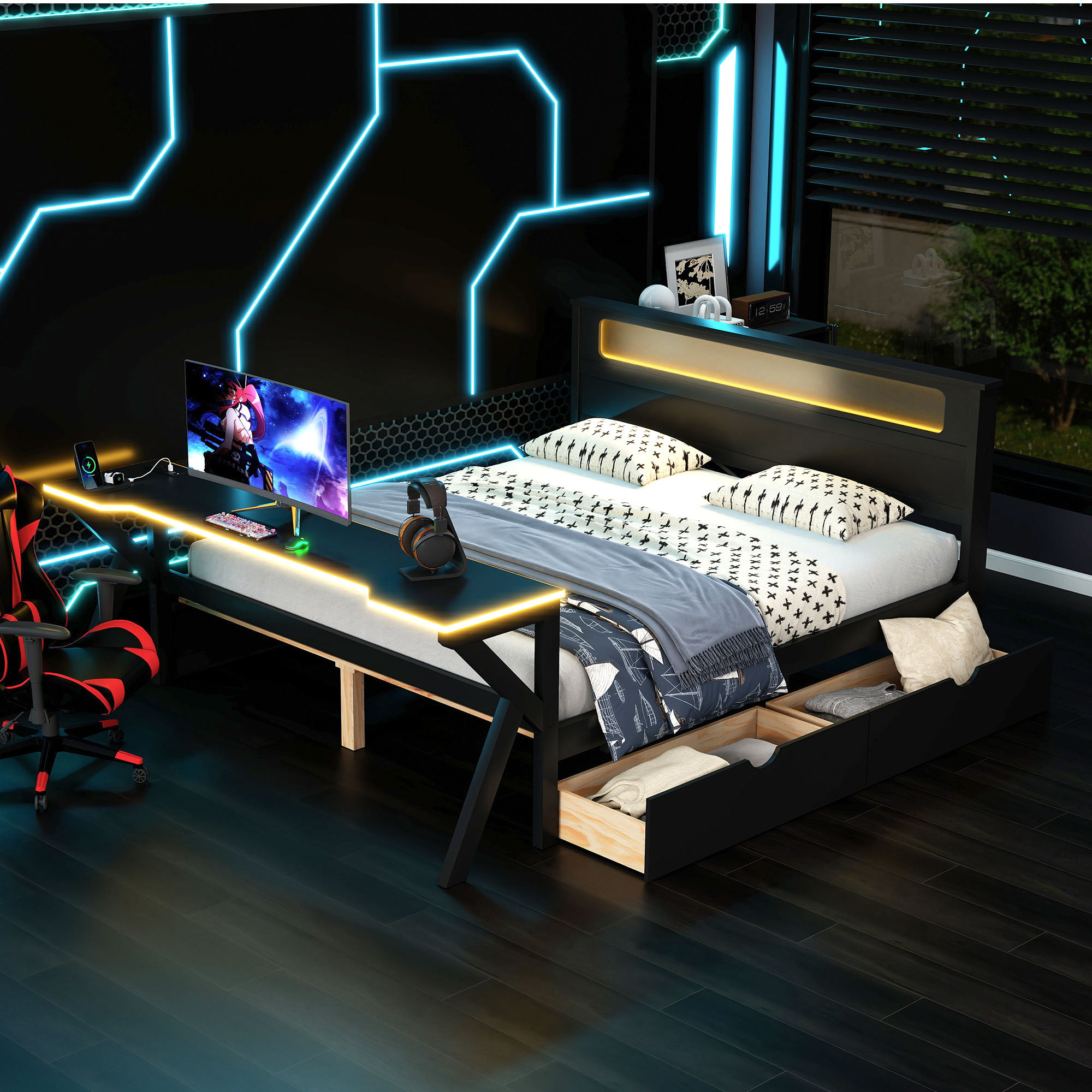NFusion Miche Wooden Gaming Platform Bed with Desk, LED Light, USB ...