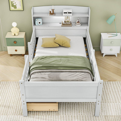 Lit plateforme simple en bois 2 tiroirs avec éclairage à DEL, tête de lit avec rangement et ports de chargement