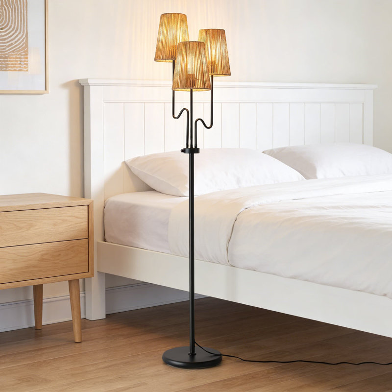 Lampe sur pied à intensité variable avec abat-jour naturel - lampe sur pied à branches 68 po avec 3 lumières, gradateur rotatif en continu, douille E26 pour décoration de salon et de chambre de style bohémien, côtier ou bohémien
