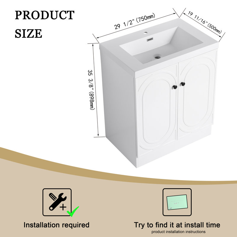 Meuble-lavabo sur pied simple 30 po avec comptoir en résine, Blanc