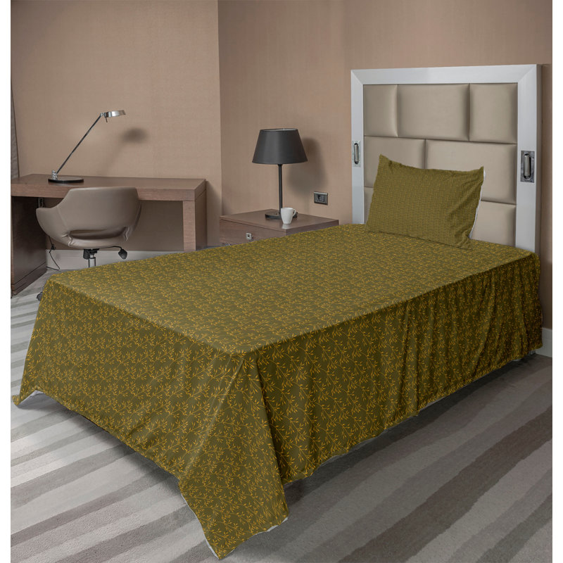 Ambesonne Nature Sheet Set 3 Pcs Diagonal Branches Pattern Green Brown Earth Yellow, Twin