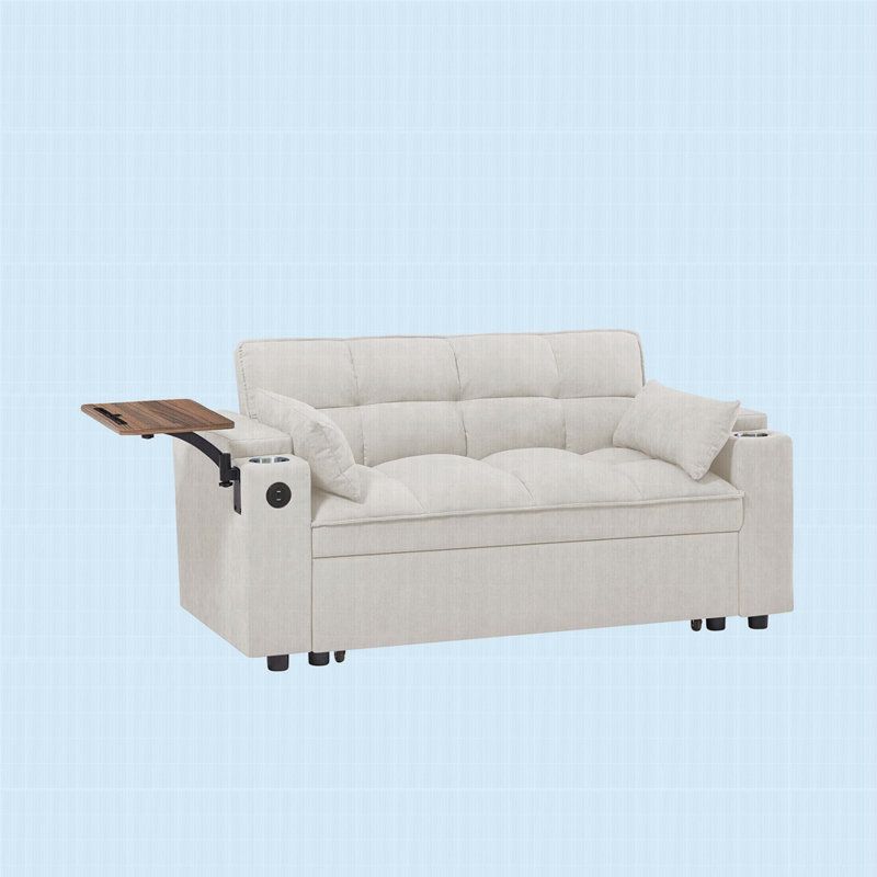 Chenille Loveseat Sleeper Sofa Bed With Storage Armrest, USB Port, Side Table, Beige